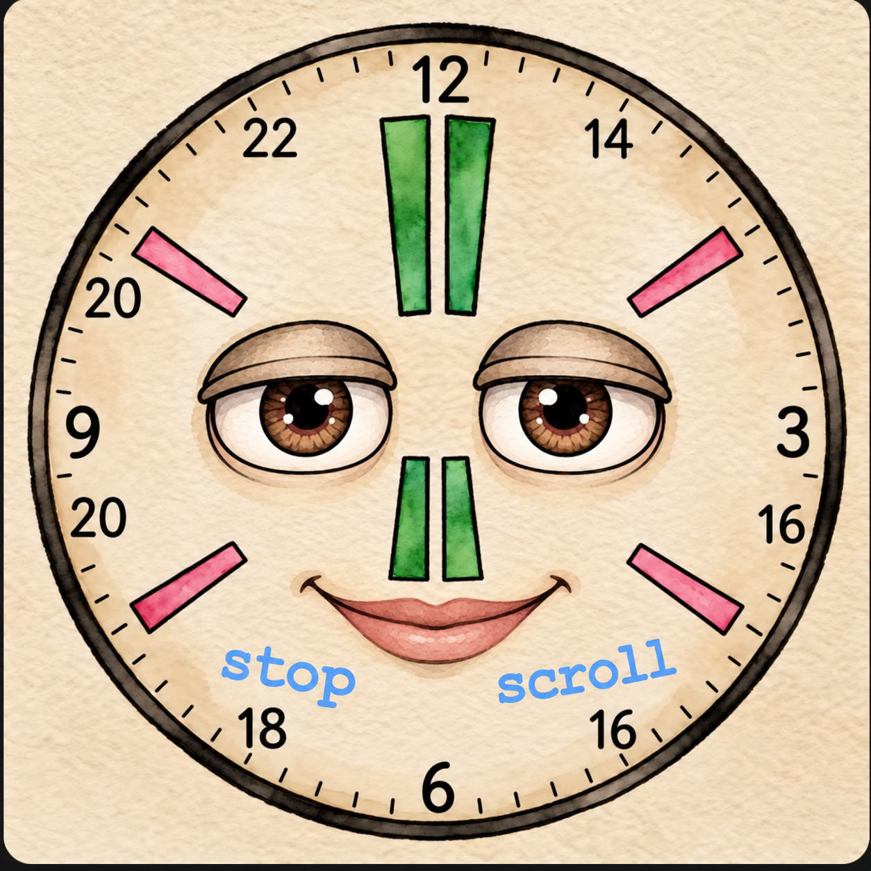 Orologio sorridente con occhi sereni