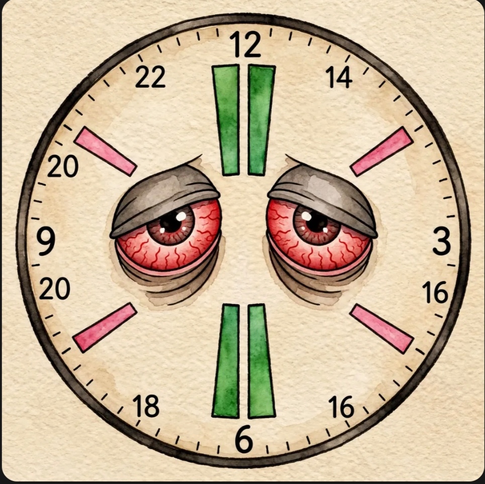 Orologio stanco, con occhi arrossati e tristi